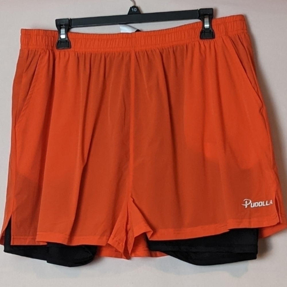 Pudolla Orange and Black 2 in 1 Athletic Running Shorts with Pockets size XXL